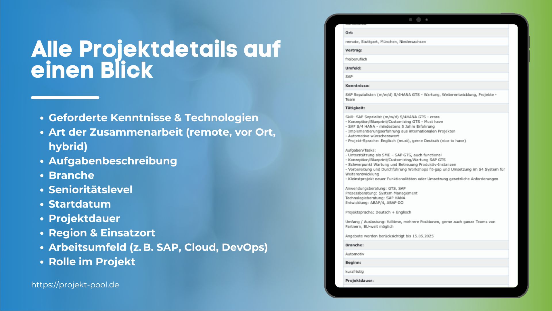 Freelancer liest aufmerksam eine Projektbeschreibung auf dem Tablet
